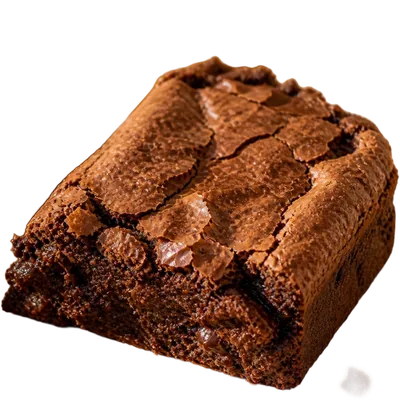 A dark brownie slab cut square, the edge showing a close fudgy crumb.