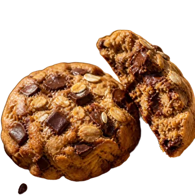 A thick chocolate-peanut cookie broken in half, the middle still soft, crumbs on pale oak.