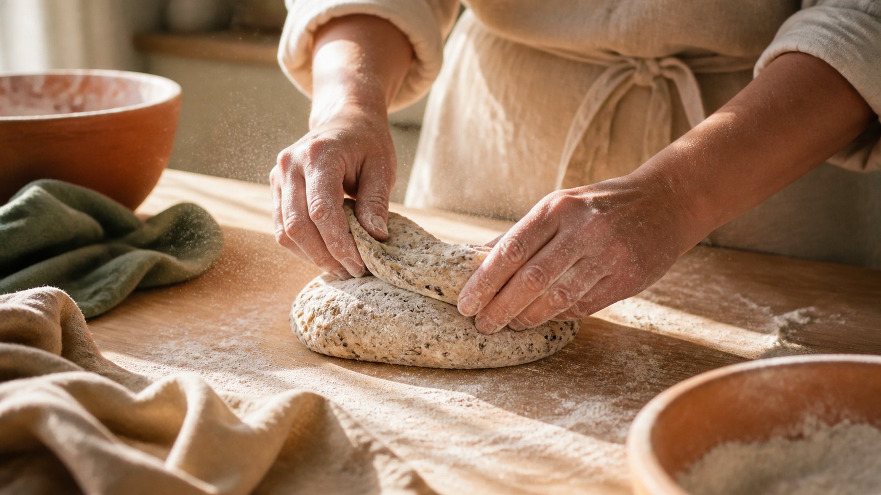 Two floured hands folding a seeded dough on a wooden counter, a terracotta bowl and a green linen cloth beside it.